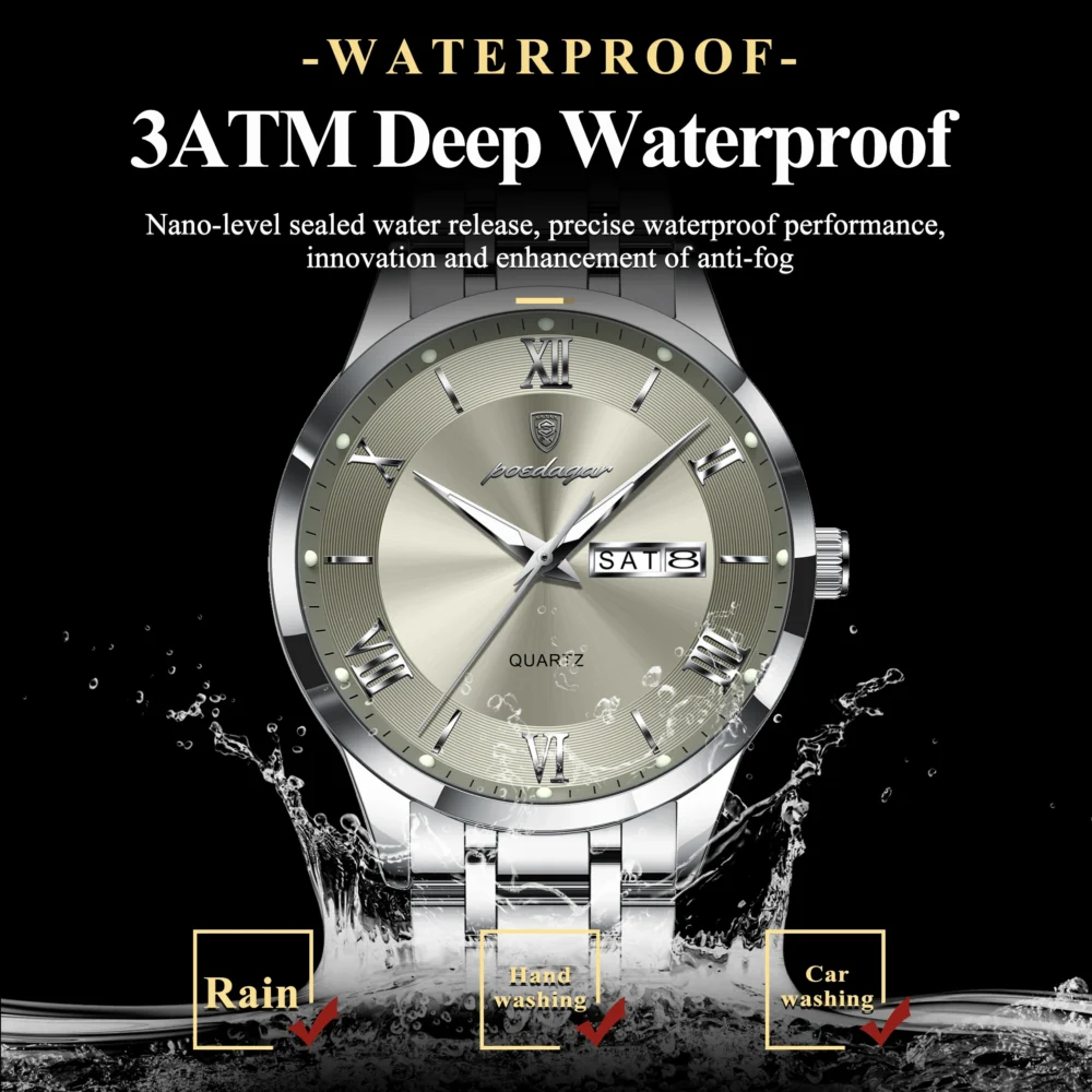 POEDAGAR Luxury Fashion Men Clock Waterproof Luminous Week Date Sports Man Wristwatch Stainless Steel Men's Quartz Watches Reloj - Image 3