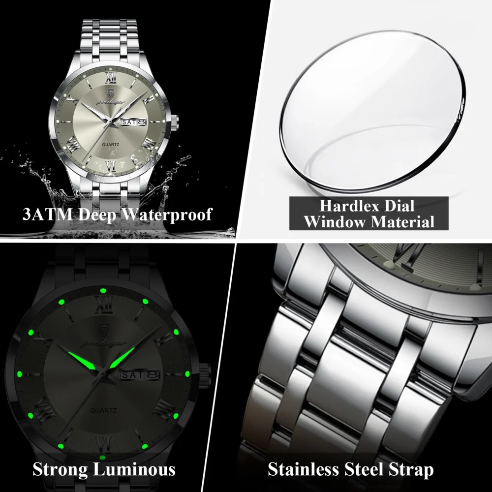 POEDAGAR Luxury Fashion Men Clock Waterproof Luminous Week Date Sports Man Wristwatch Stainless Steel Men's Quartz Watches Reloj - Image 4